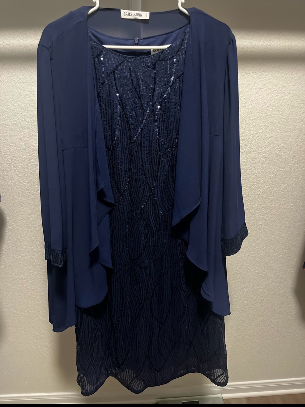 Grace Karin Navy Sequin Midi Dress with Draped Jacket - 2XL